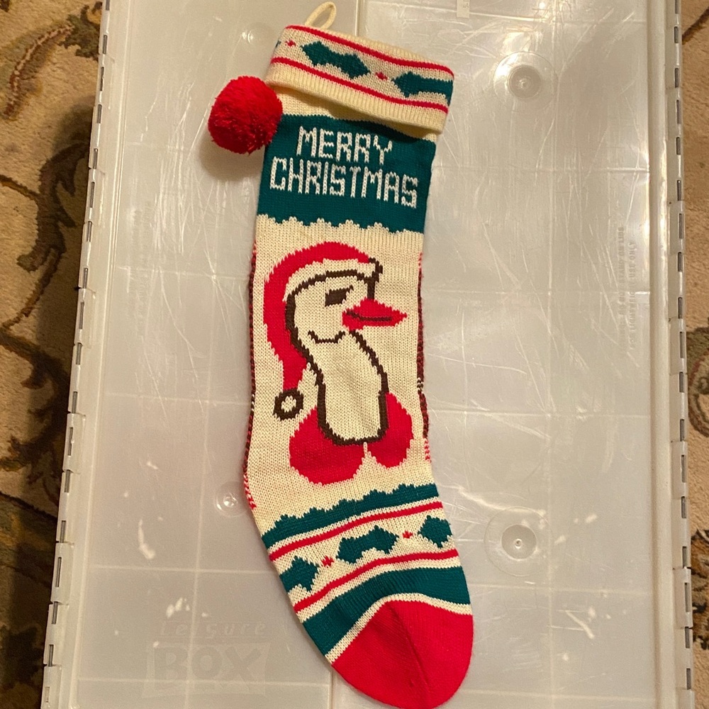 Vintage Woolworth Christmas Stocking 23” Red White Green duck Pom-pom